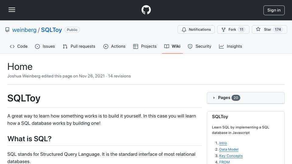 Screenshot of github.com: SQLToy