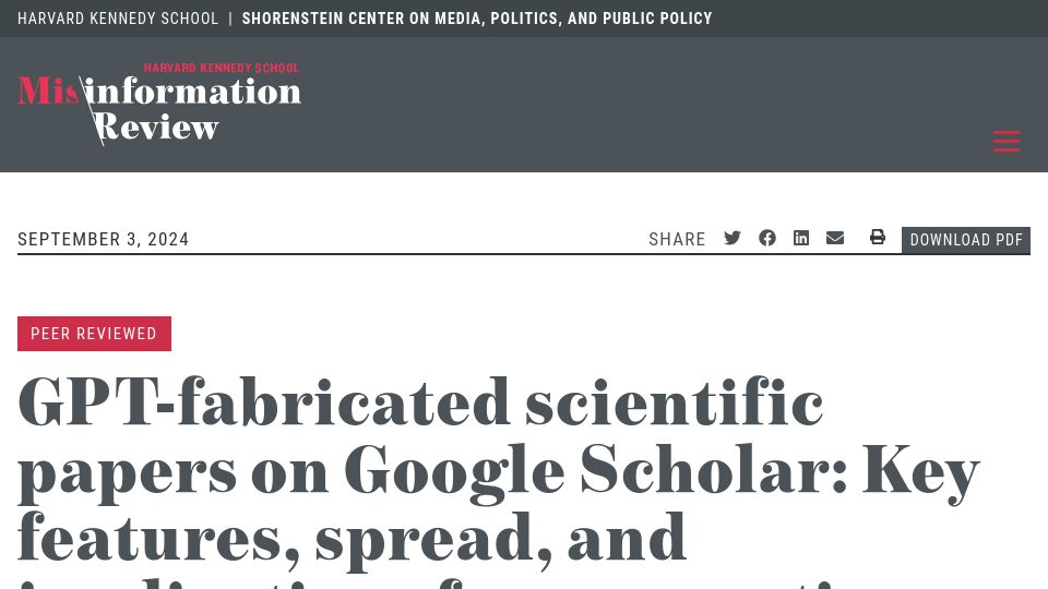 Screenshot of misinforeview.hks.harvard.edu: GPT-fabricated scientific papers on Google Scholar