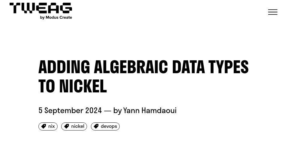 Screenshot of tweag.io: Adding algebraic data types to Nickel