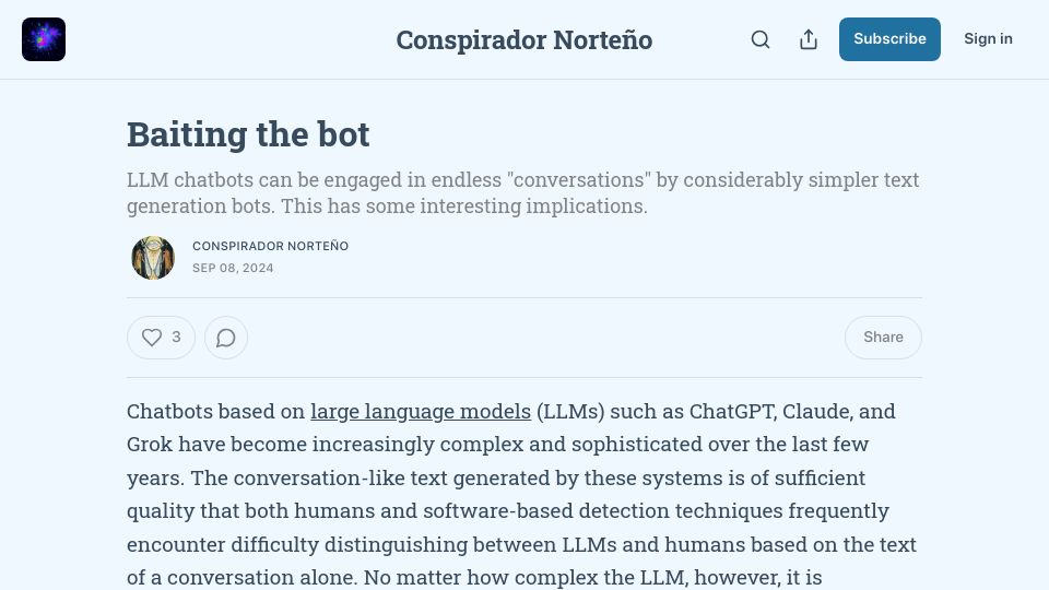 Screenshot of conspirator0.substack.com: Baiting the bot