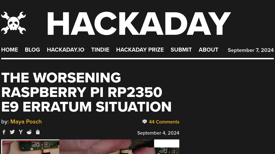 Screenshot of hackaday.com: The worsening Raspberry Pi RP2350 E9 erratum situation