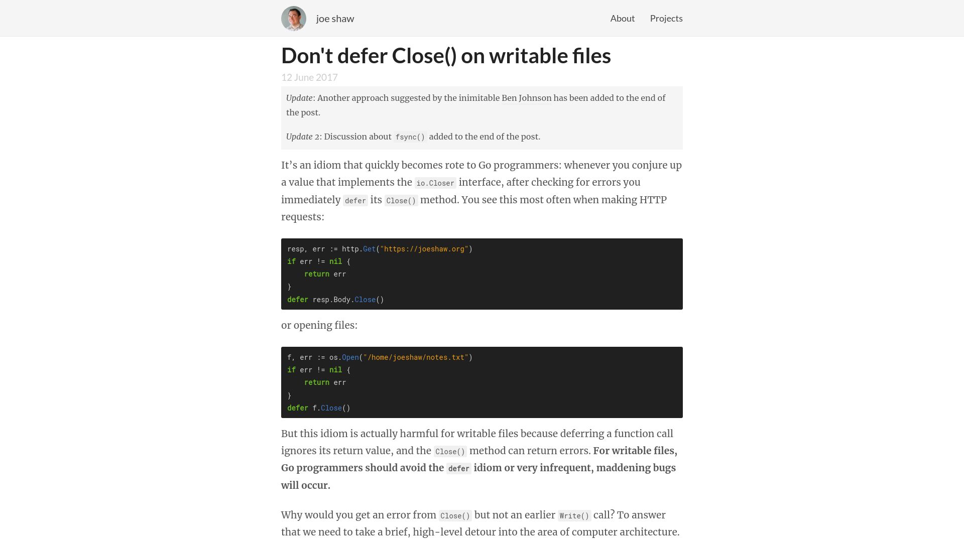 Screenshot of joeshaw.org: Don't defer Close() on writable files (2017)