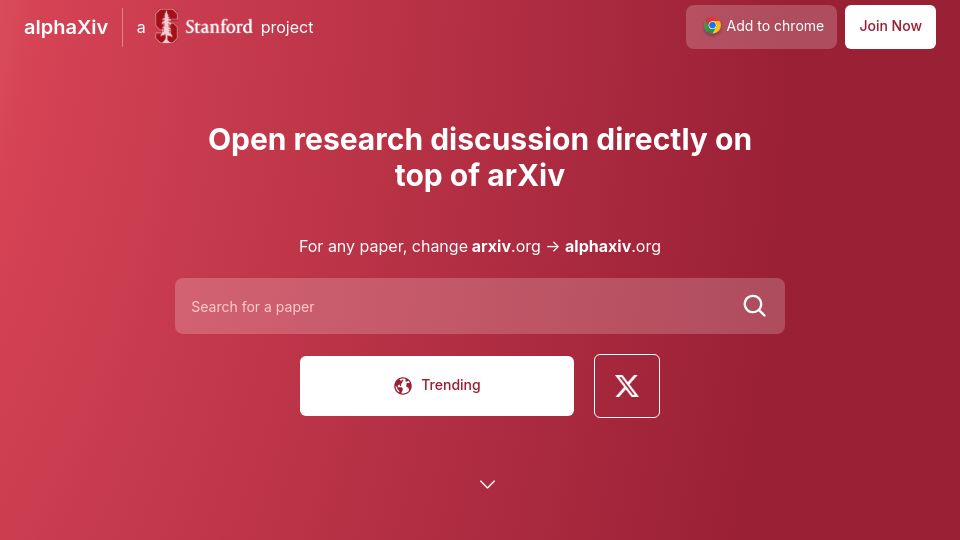Screenshot of alphaxiv.org: alphaXiv: Open research discussion on top of arXiv