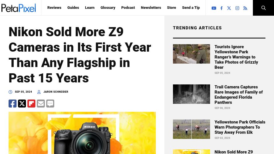 Screenshot of petapixel.com: Nikon sold more Z9 cameras in its first year than any flagship in past 15 years