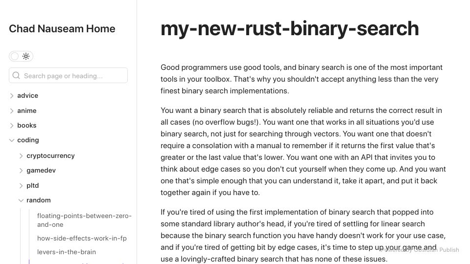 Screenshot of chadnauseam.com: my-new-rust-binary-search