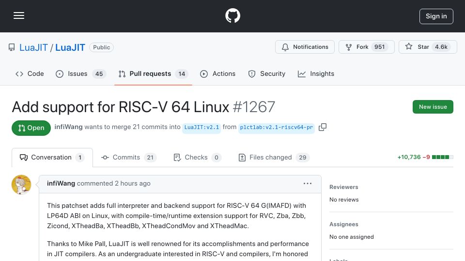 Screenshot of github.com: LuaJIT PR: Add Support for RISC-V 64