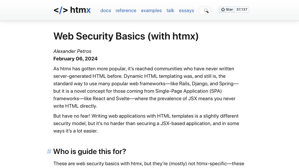 Screenshot of htmx.org: htmx Web Security Basics