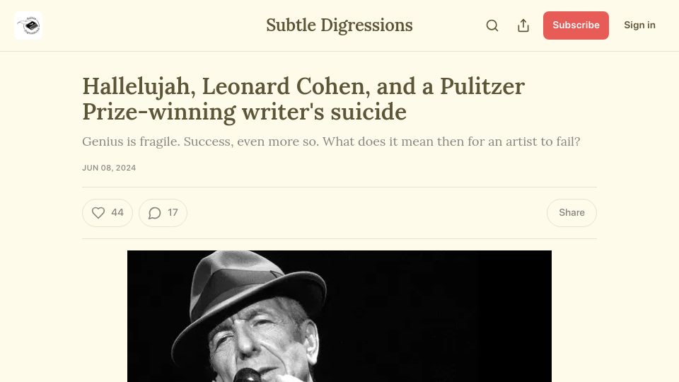 Screenshot of subtledigressions.substack.com: Hallelujah, Leonard Cohen, and a Pulitzer Prize-winning writer's suicide