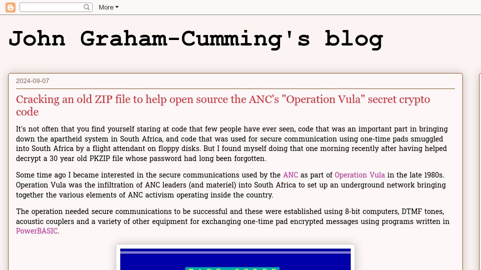 Screenshot of blog.jgc.org: Cracking an old ZIP file to help open source the ANC's "Vula" secret crypto code