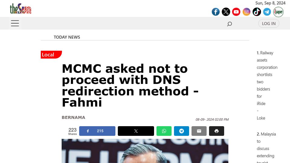 Screenshot of thesun.my: Malaysia backtracks on DNS redirection decision