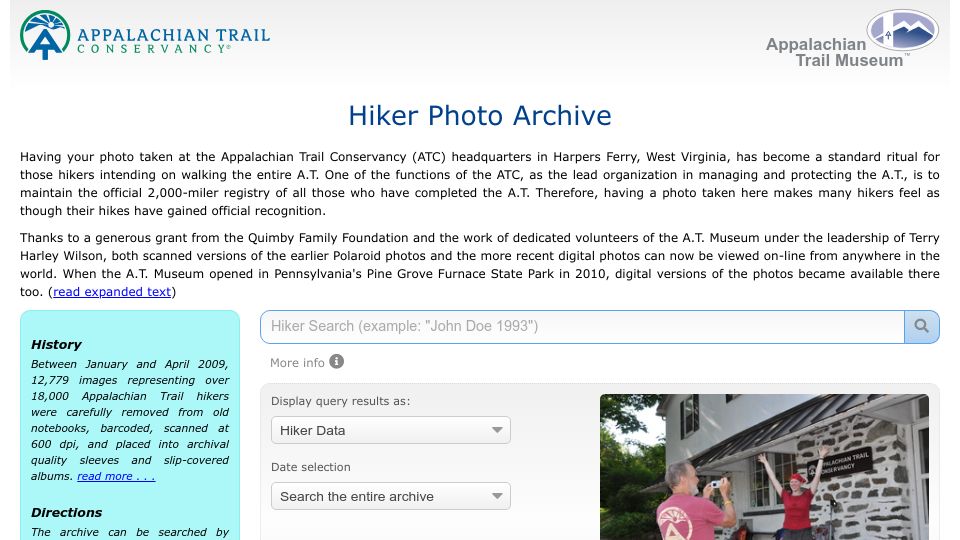 Screenshot of athikerpictures.org: Appalachian Trail Hiker Photo Archive