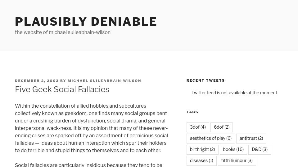 Screenshot of plausiblydeniable.com: Five Geek Social Fallacies (2003)