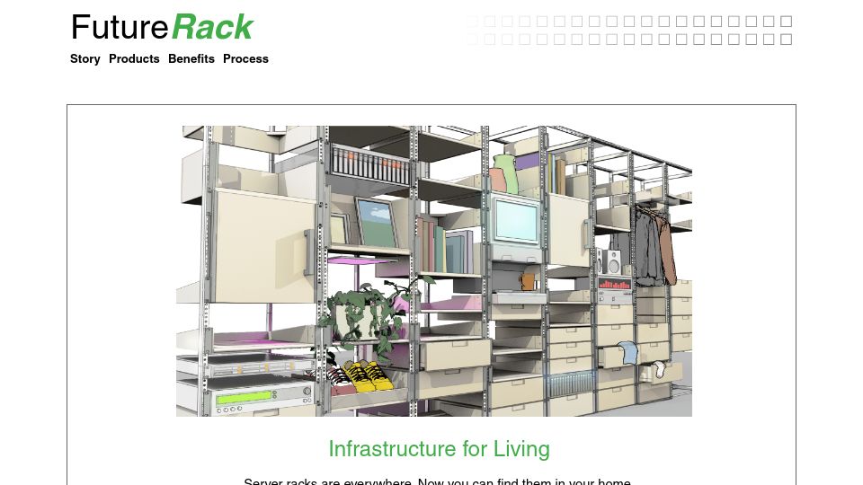 Screenshot of futurerack.info: FutureRack: Server racks are everywhere. Now you can find them in your home
