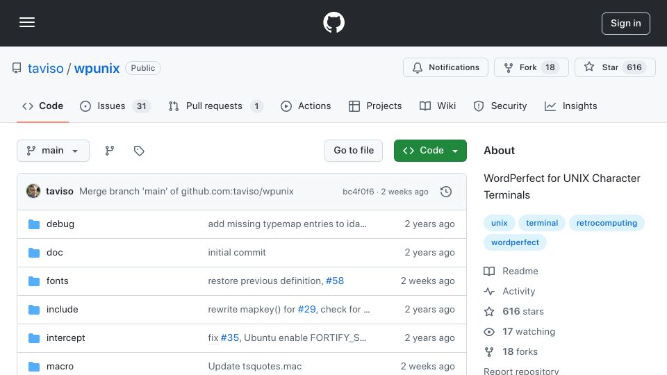 Screenshot of github.com: WordPerfect for Unix Character Terminals