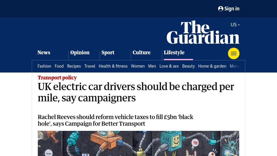 Screenshot of theguardian.com: UK electric car drivers should be charged per mile, say campaigners