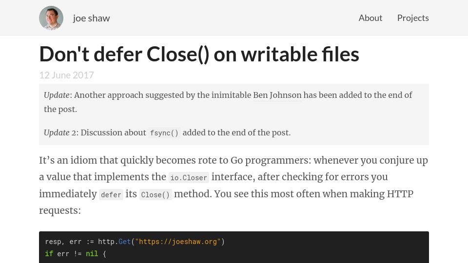 Screenshot of joeshaw.org: Don't defer Close() on writable files (2017)