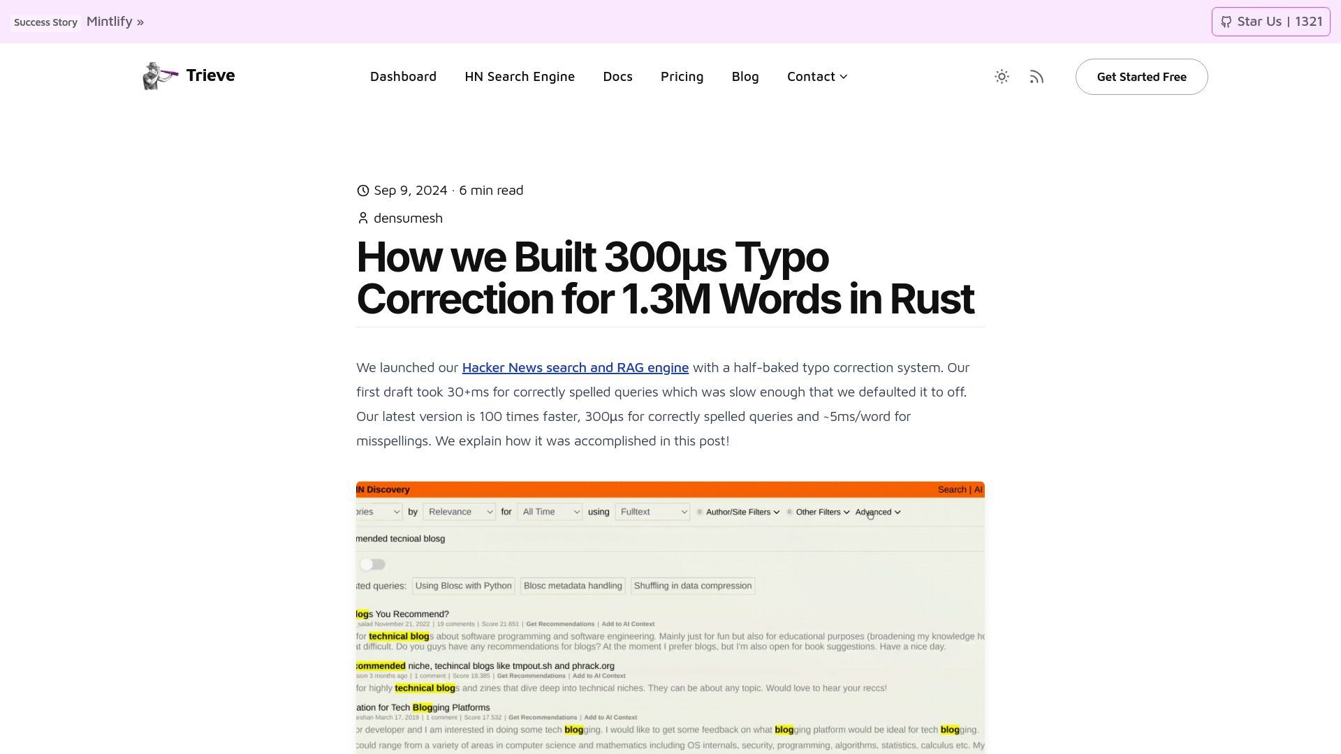 Screenshot of trieve.ai: 300μs typo detection for 1.3M words