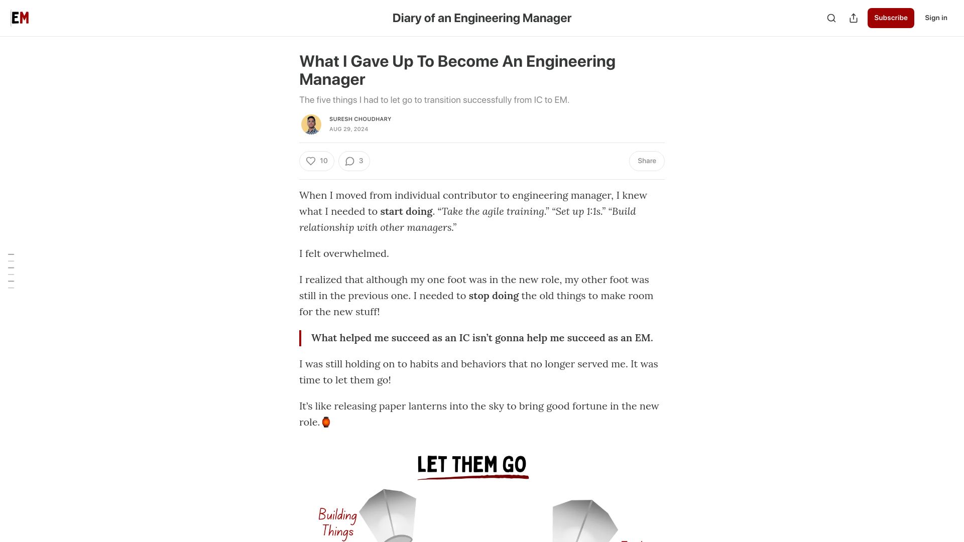 Screenshot of emdiary.substack.com: What I gave up to become an engineering manager