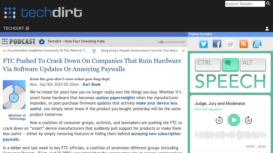 Screenshot of techdirt.com: FTC Pushed to Crack Down on Companies That Ruin Hardware via Software Updates