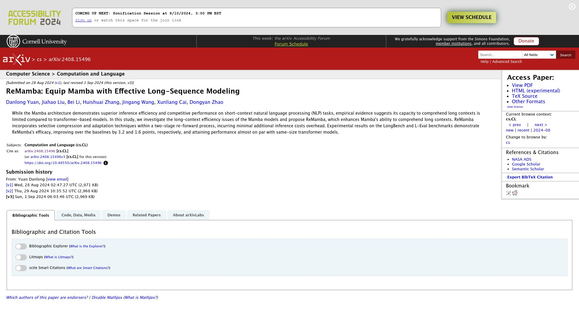 Screenshot of arxiv.org: ReMamba: Equip Mamba with Effective Long-Sequence Modeling