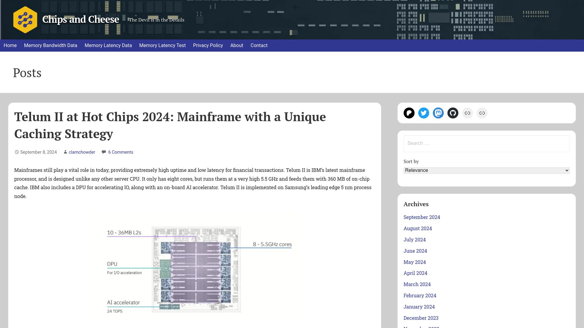 Screenshot of chipsandcheese.com: Telum II at Hot Chips 2024: Mainframe with a Unique Caching Strategy