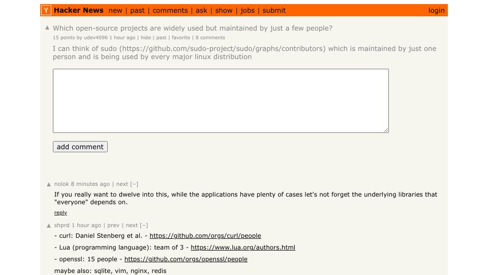 Screenshot of Hacker News post: Which open-source projects are widely used but maintained by just a few people?