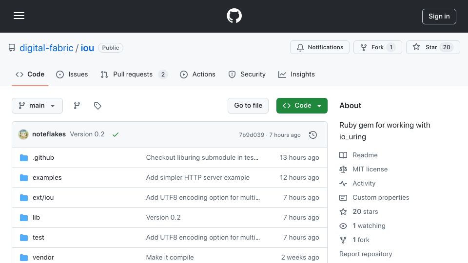 Screenshot of github.com: Show HN: Io_uring for Ruby