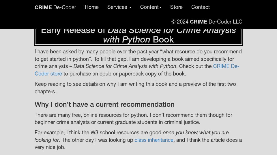 Screenshot of crimede-coder.com: Why I Wrote Data Science for Crime Analysis with Python (2023)