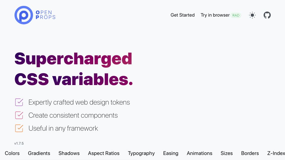 Screenshot of open-props.style: Open Props – Supercharged CSS Variables