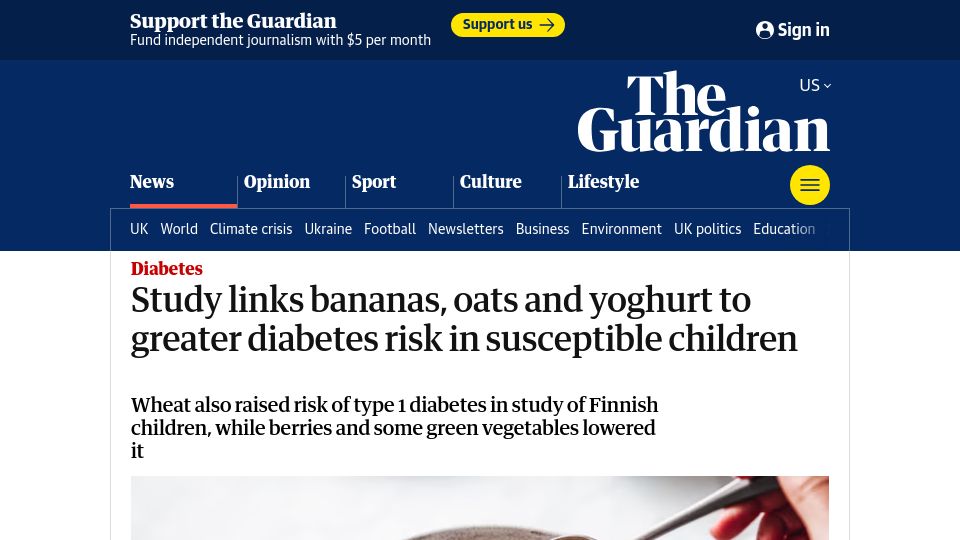 Screenshot of theguardian.com: Study links bananas, oats and yoghurt to greater diabetes risk in susceptible
