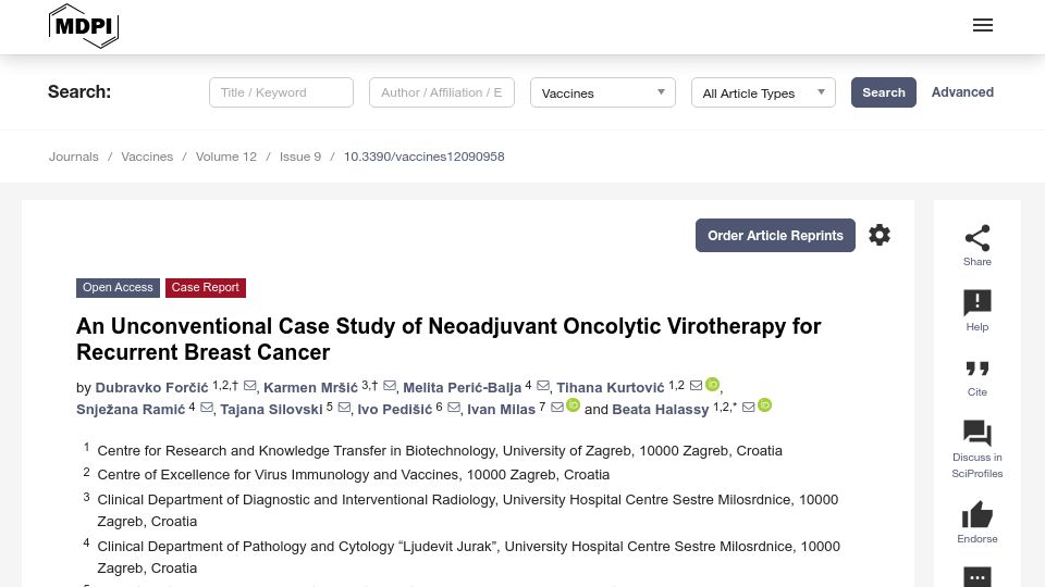 Screenshot of mdpi.com: Unconventional Case Study of Neoadjuvant Oncolytic Virotherapy for Breast Cancer