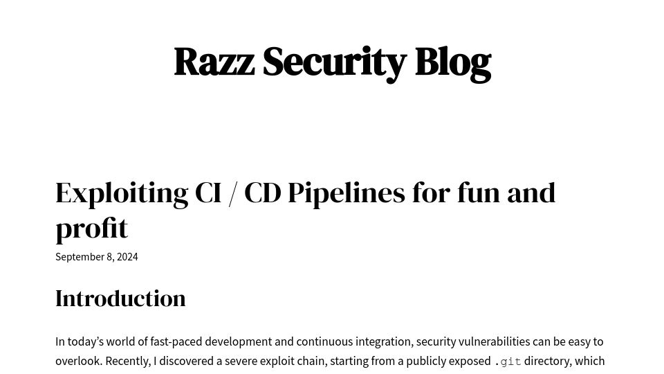 Screenshot of blog.razzsecurity.com: Exploiting CI / CD Pipelines for fun and profit