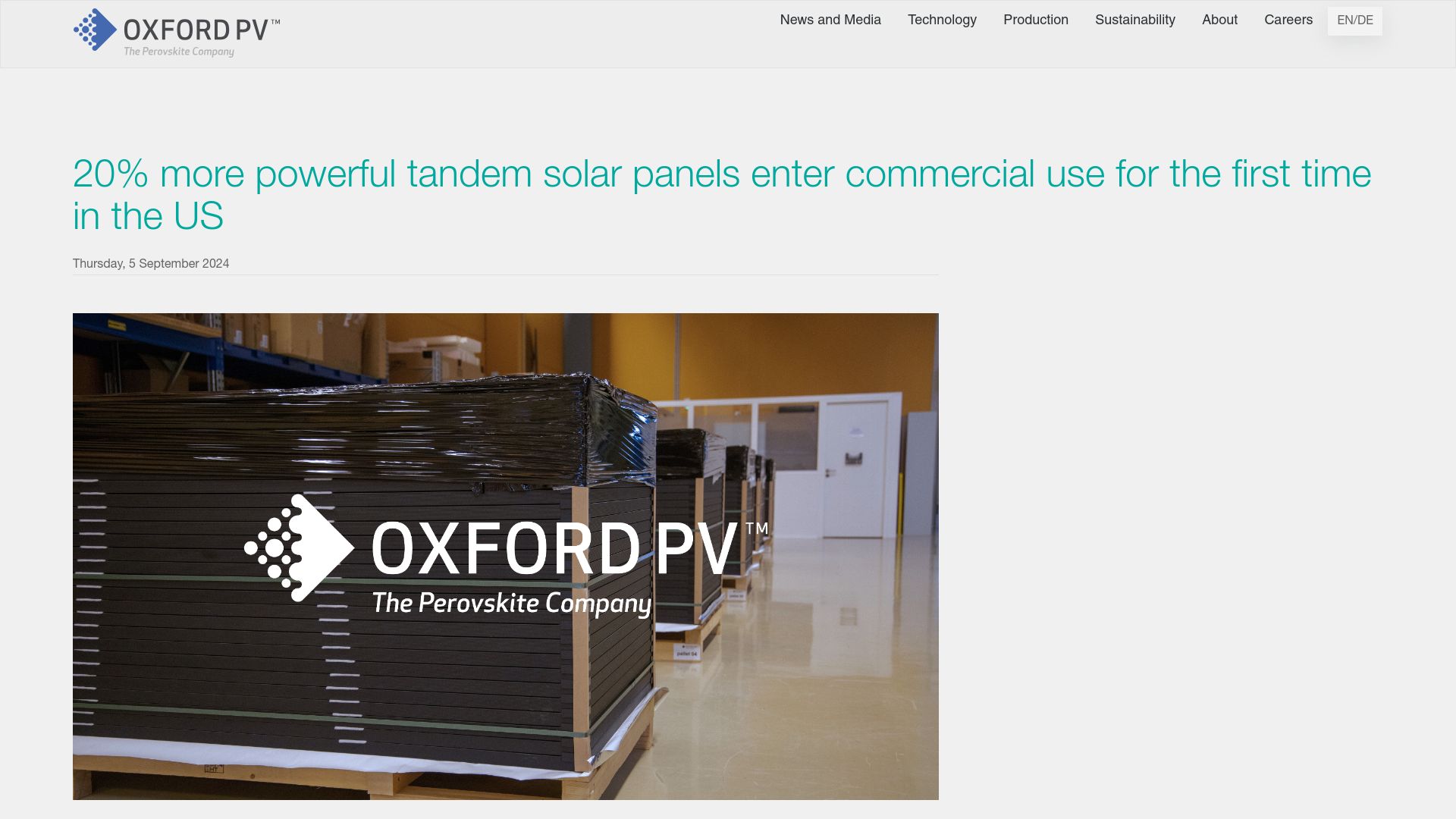 Screenshot of oxfordpv.com: 20% more powerful perovskite solar panels enter commercial use
