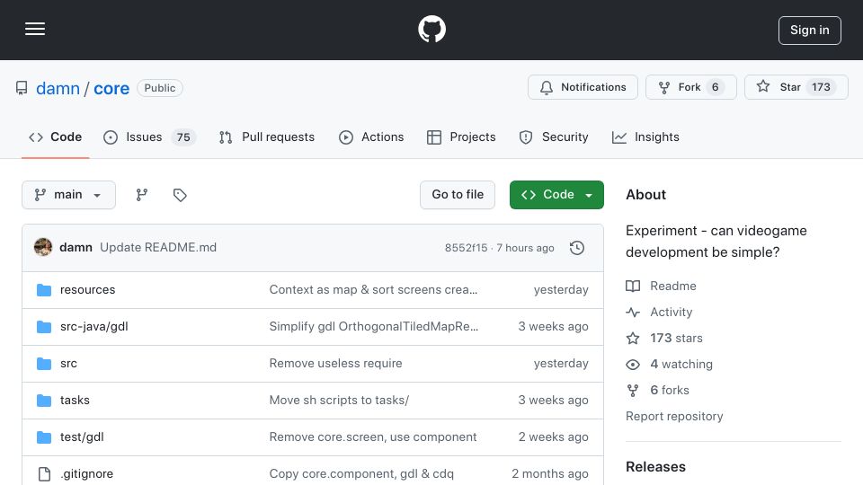 Screenshot of github.com: Core: an experimental new way to write videogames