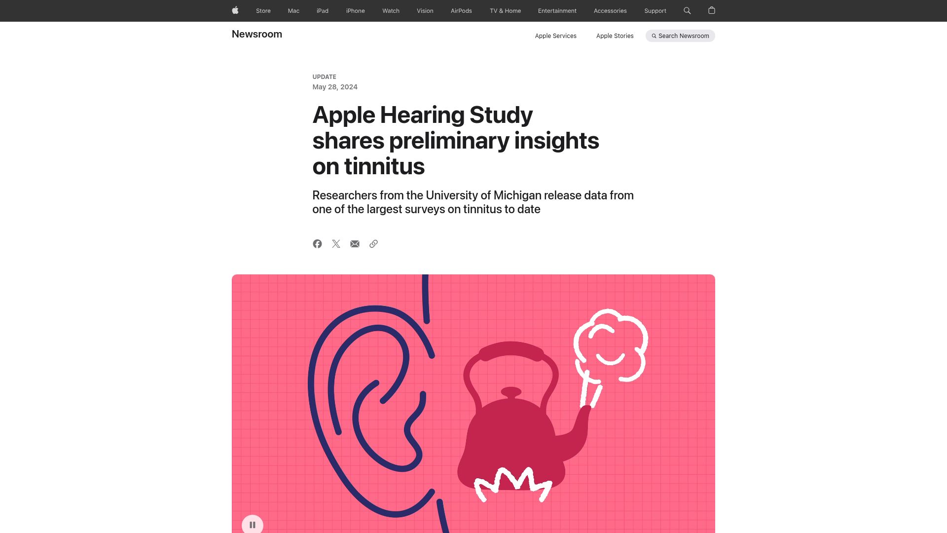 Screenshot of apple.com: Apple Hearing Study shares preliminary insights on tinnitus