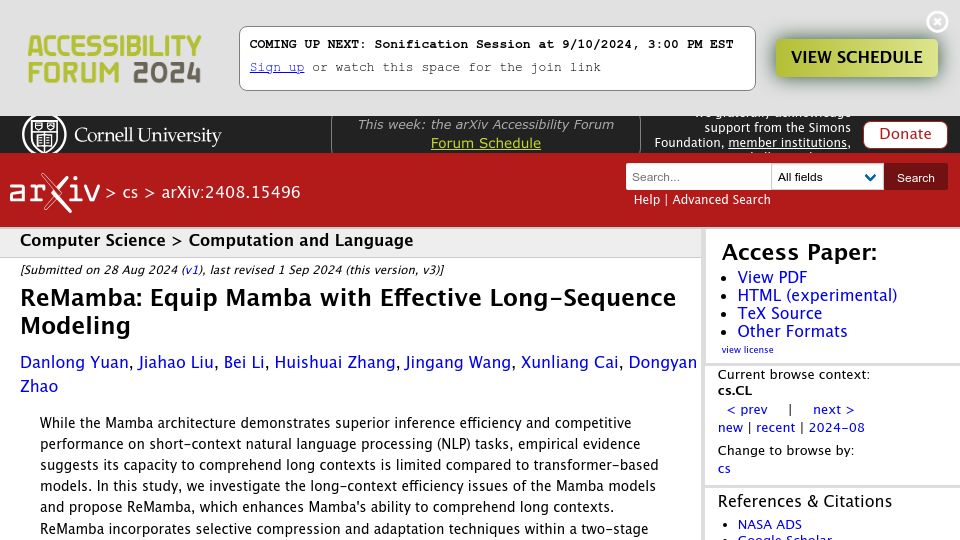 Screenshot of arxiv.org: ReMamba: Equip Mamba with Effective Long-Sequence Modeling