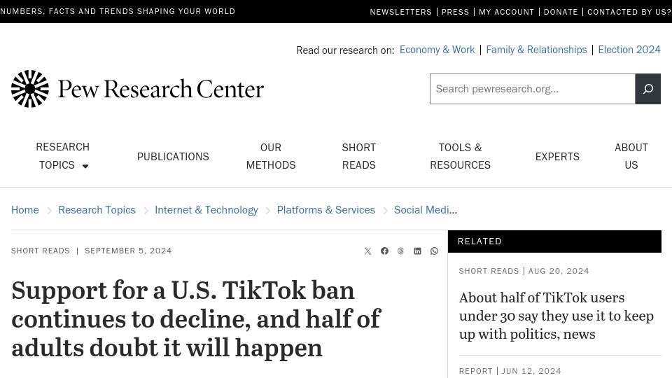 Screenshot of pewresearch.org: Support for U.S. TikTok ban continues to decline