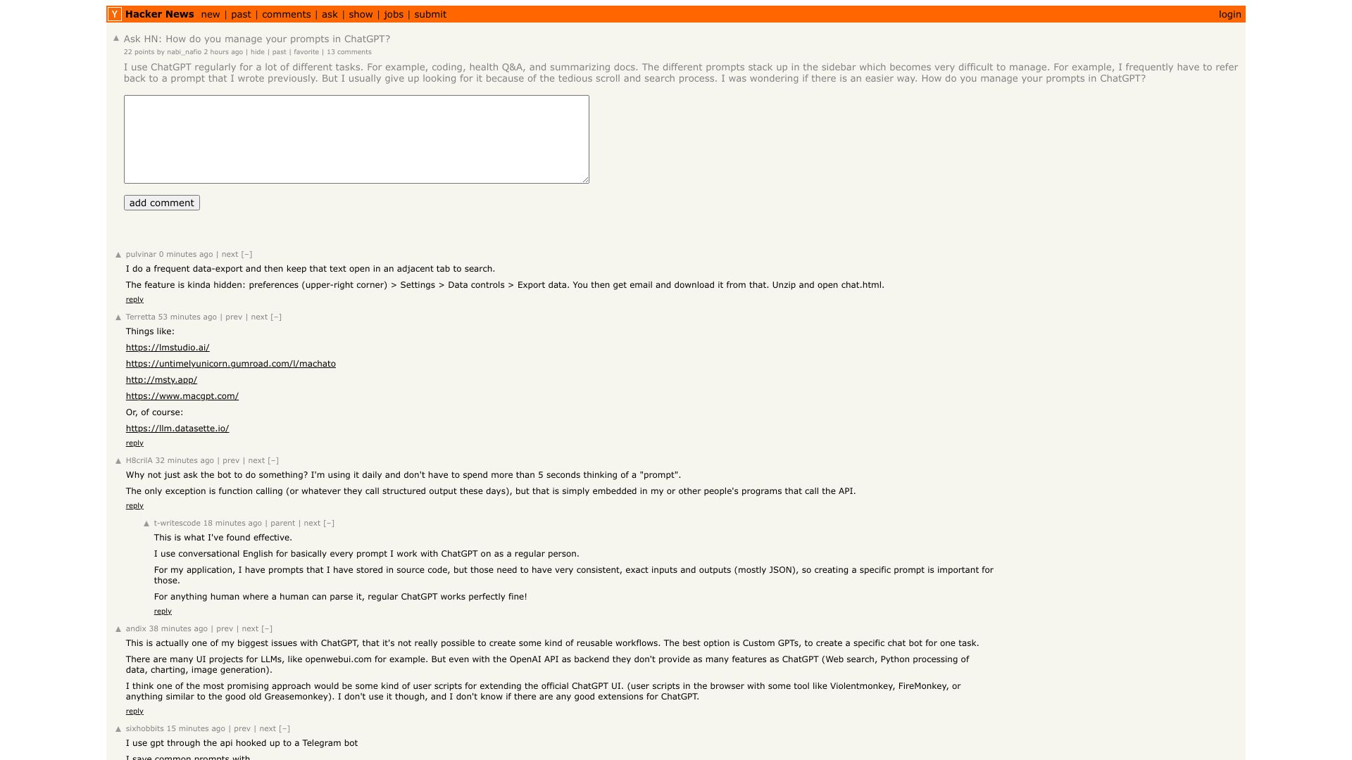 Screenshot of this Hacker News post: Ask HN: How do you manage your prompts in ChatGPT?