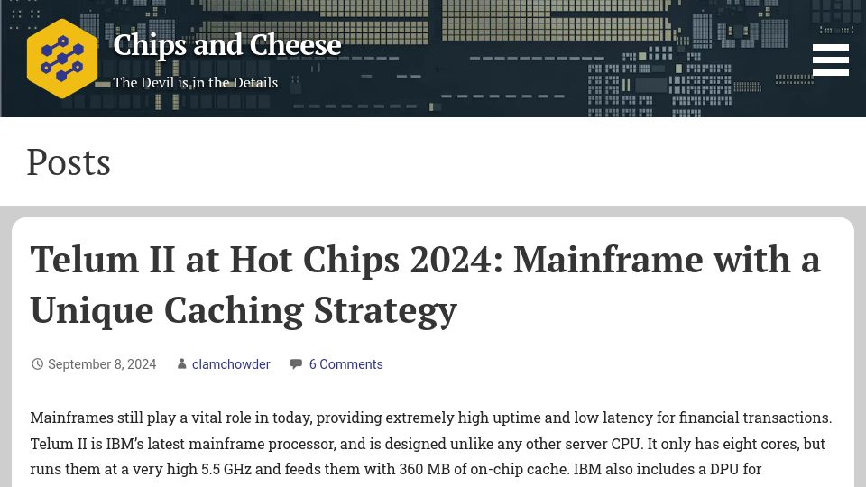 Screenshot of chipsandcheese.com: Telum II at Hot Chips 2024: Mainframe with a Unique Caching Strategy