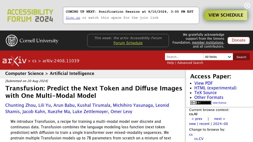 Screenshot of arxiv.org: Transfusion: Predict the next token and diffuse images with one multimodal model