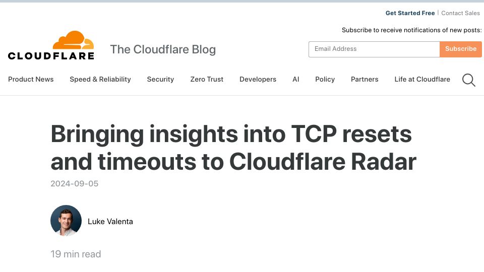 Screenshot of blog.cloudflare.com: Bringing insights into TCP resets and timeouts to Cloudflare Radar