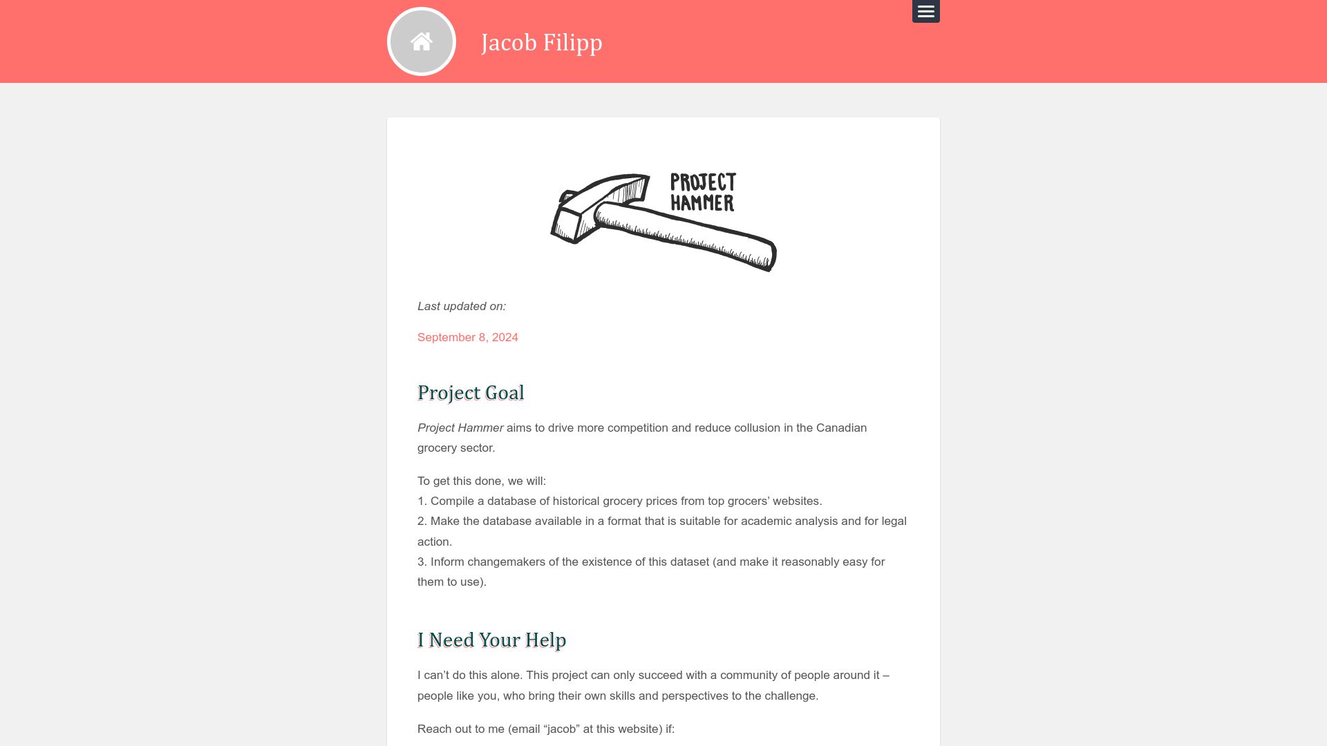 Screenshot of jacobfilipp.com: Project Hammer: reduce collusion in the Canadian grocery sector