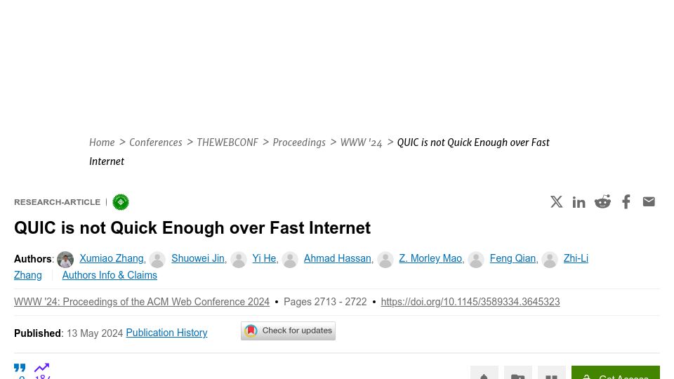 Screenshot of dl.acm.org: QUIC is not quick enough over fast internet