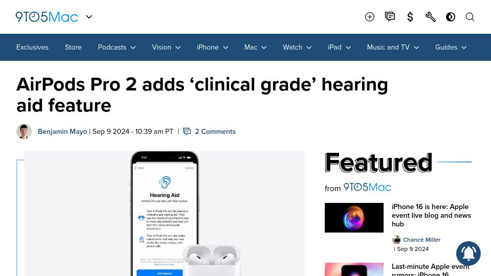 Screenshot of 9to5mac.com: AirPods Pro 2 adds 'clinical grade' hearing aid feature
