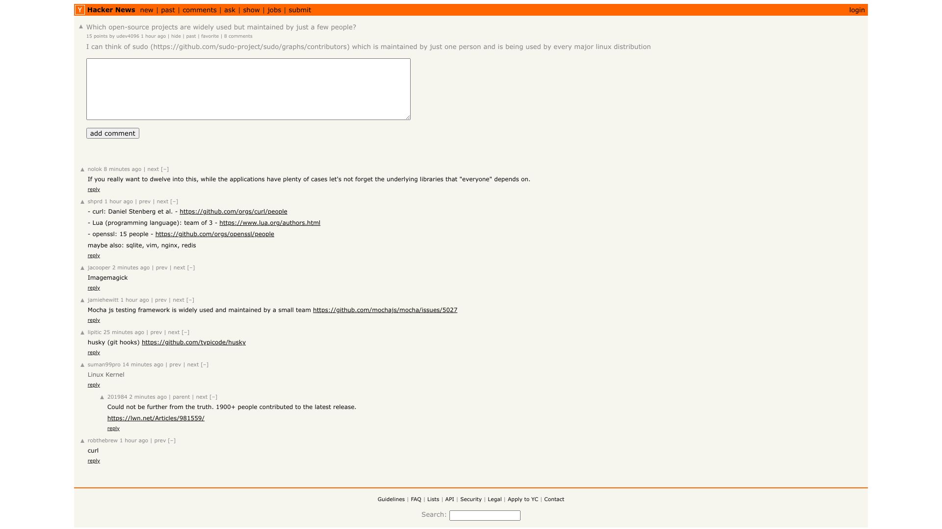 Screenshot of this Hacker News post: Which open-source projects are widely used but maintained by just a few people?