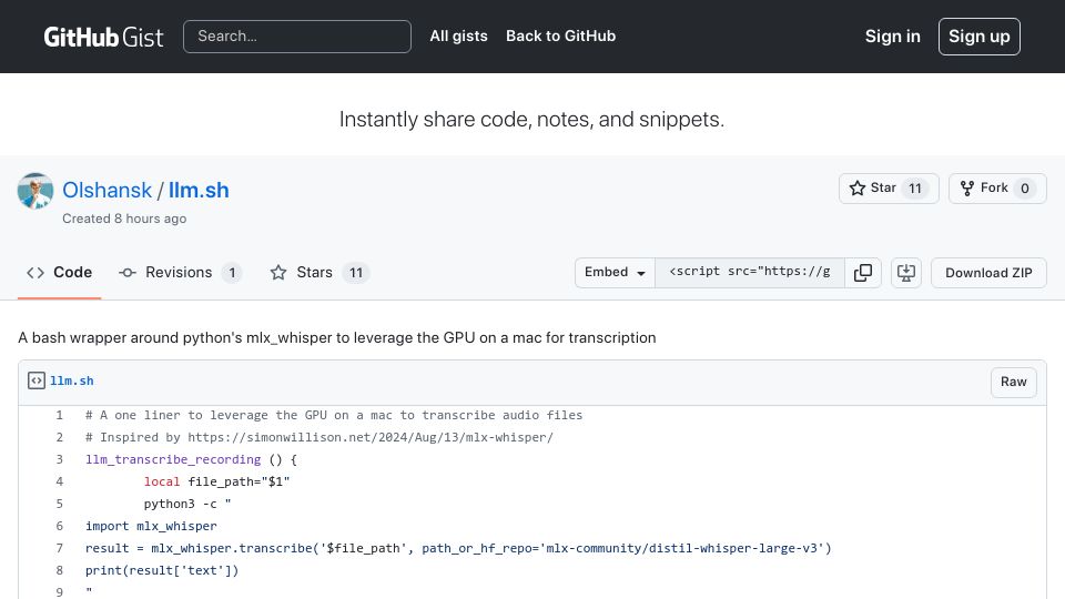 Screenshot of gist.github.com: LLM_transcribe_recording: Bash Helper Using Mlx_whisper