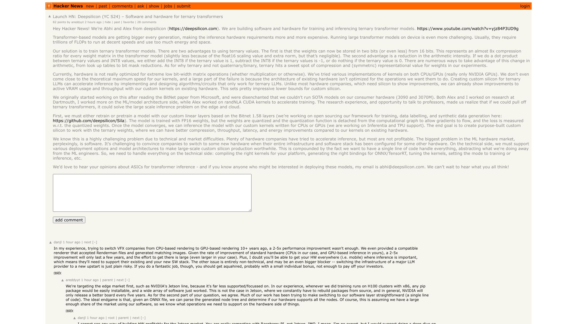 Screenshot of this Hacker News post: Launch HN: Deepsilicon (YC S24) – Software and hardware for ternary transformers