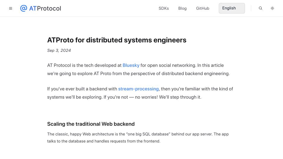 Screenshot of atproto.com: ATProto for distributed system engineers