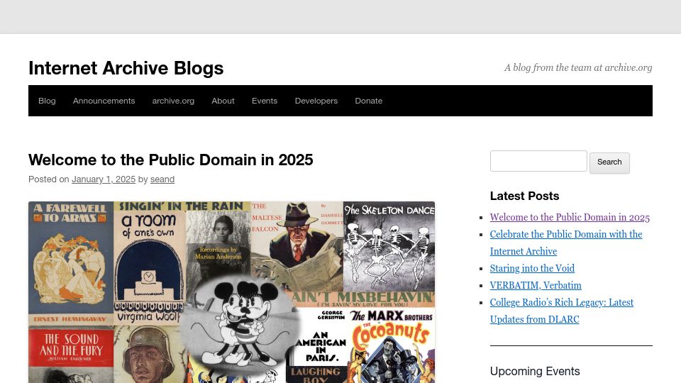 Screenshot of blog.archive.org: Welcome to the Public Domain in 2025