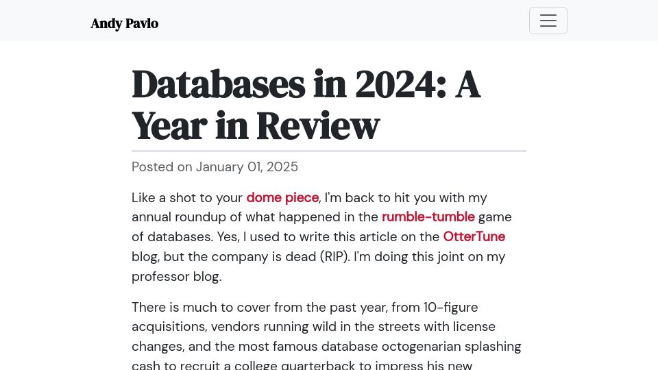 Screenshot of cs.cmu.edu: Databases in 2024: A Year in Review
